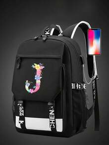 1 件带充电端口的字母图案印花功能性尼龙背包，男女皆宜，适合高中生和大学生、旅行和度假使用（字母从 A 到 Z）