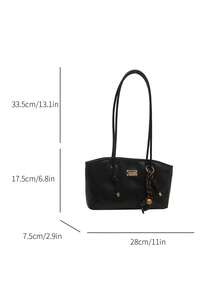 1 pieza Bolso de bolos de unicolor de PU con cierre de cremallera acolchado, gran capacidad, bolso de hombro de moda, estilo retro - Negro - Ver 6