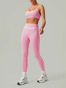 2 PCS CO Ord Set Spring And Summer Women Fashion White Line Yoga Sports Bra And Legging - Hồng - Xem 5