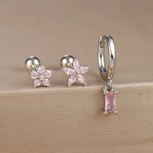 3pcs Square Pink Zirconia Flower Earrings Set For Women 18K Gold Plated Stainless Steel And Copper Helix Screw Cartilage Piercing Party Jewelry Accessories Valentines,Mom,Mother,Mother's Day,Gift