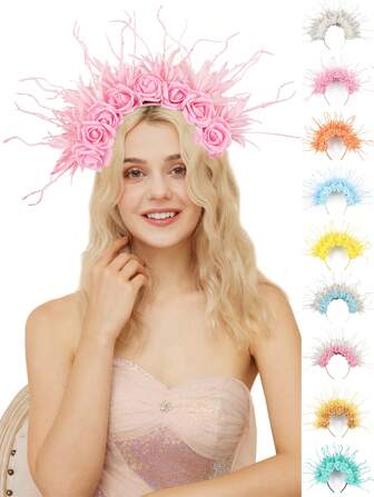 1 pièce Serre-tête à plumes pour femmes, couronne de fleurs en mousse double face, serre-tête large, ornement de cheveux en fleurs pour mariage et fête