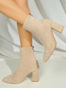 女士尖头粗跟踝靴，女士低跟踝靴，黑色靴子 - 杏色 - 查看 2