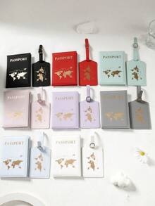 1 Set Minimalist Passport Information Card Holder For Outdoor Travel & Cross-Border Business, Foil Map Design, Parent-Child Set, Solid Color Passport Book & Travel Accessories Set, Essential Holiday Vacation Passport Cover, Women Passport Wallet - Multicolor - View 2