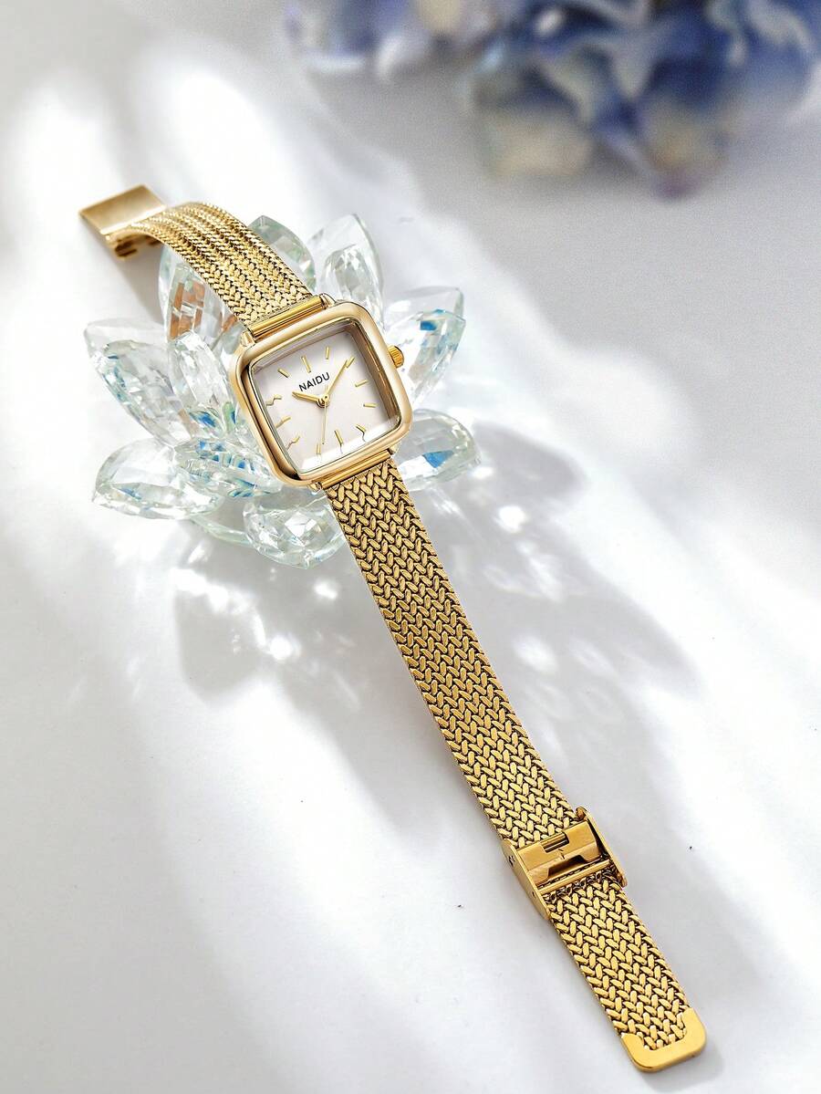 1pc Women's Retro Square Stainless Steel Strap Quartz Watch, Elegant And Suitable For Daily Wear - Gold - View 1