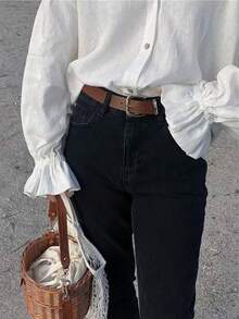 2026 Spring/Summer New Casual Elegant Ruffle Trim Lantern Sleeve Button Front Blouse, Women's Graceful Top, Suitable For Valentine's Day, New Year, Music Festival, Graduation, Summer Holiday, Spring Outfits, Party, Birthday, Beach, Vacation, Casual Wear, Y2K White - White - View 5