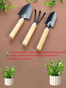 3 件/1 件迷你尺寸花园工具套装木柄金属头手动园艺工具，经典天然木棕色/黑色钢人体工程学形状优质建筑种植挖掘耙用品室内外植物多肉植物盆景家庭园艺礼物（轻微划痕不影响使用）