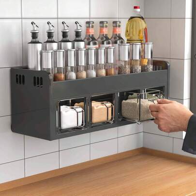 1 Stück Gewürzglas, Gewürzregal, Gewürzschublade Aufbewahrungsbox, selbstklebender wandmontierter Gewürzbehälter, modisches Aussehen geeignet für Schrank, Küche, Zucker, Salz, Pfeffer und andere Gewürze Lagerung, Gewürzglas für Küchenarbeitsplatte und Lebensmittelaufbewahrung (mit 4 Gewürzbox)