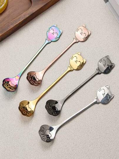 1/5/10pcs Stainless Steel Spoons, Creative Cartoon Lucky Cat Smiling Claw Spoons, Coffee Stirring Spoons, Dessert Spoons, Cat Claw Colander Spoons, Suitable For School, Picnic, Party, Outdoor Dining, Camping Accessories, School Supplies