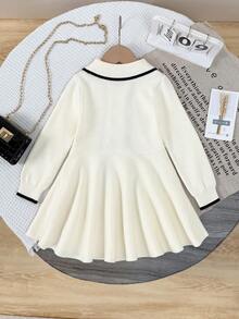 1pc Fashion Collared Black Trim Long Sleeve Knitted Dress, White Ruffled Sweater Dress' - Beige - View 6