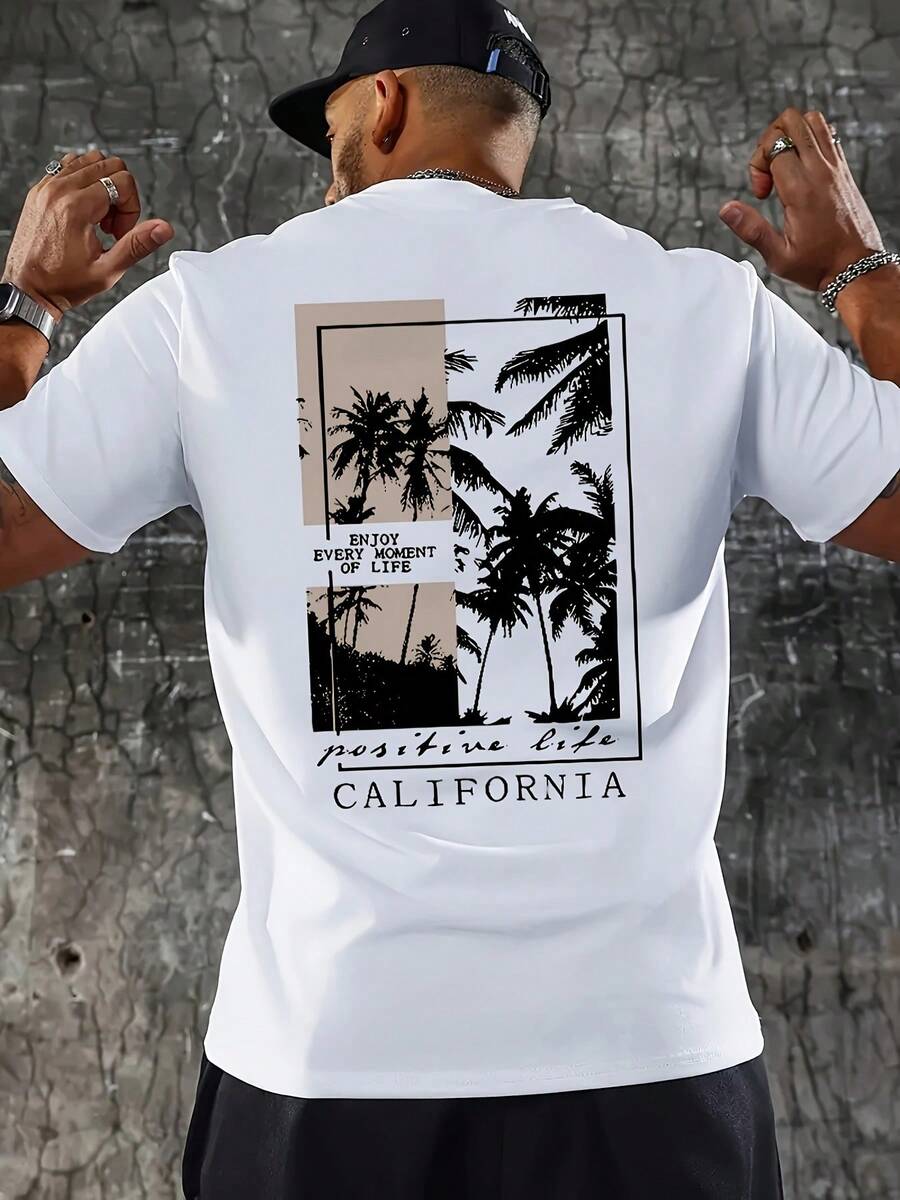 Camiseta de manga corta para hombre de corte regular, con estampado de California, a la moda y casual, cómoda y versátil, adecuada para usar durante todo el año - Blanco - Ver 1