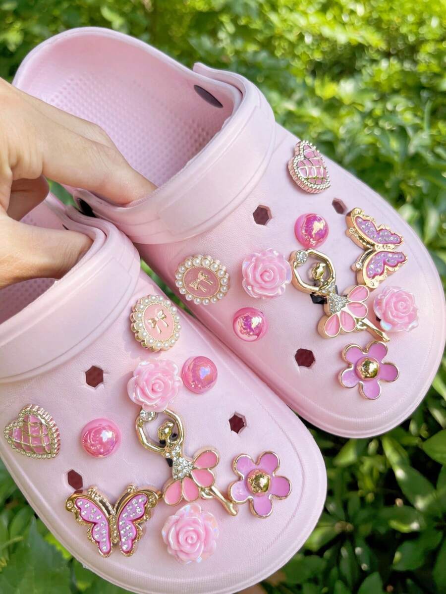 18pcs Pink Ballet Angel, Rose, Heart, Flower, Pearl Round Bow, Glitter Butterfly Detachable Decorative Accessories, Suitable For Sandals, Slippers, Clogs, Garden Shoes, Beach Shoes, All Season, Great Gift