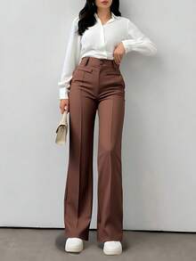 LIU ME Women's Tailored Trousers With Fake Pocket – High Waist And Wide Leg Pants - Rỉ Nâu - Xem 5