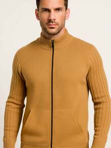 Men's Long Sleeve Jacket With Zipper And Pocket High Neck Autumn/Winter Cold Weather Blouse - Blue - View 6