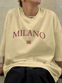 男女通用时尚休闲通勤街头潮流春夏男友风米兰图案印花圆领短袖T恤 - 卡其色 - 查看 2