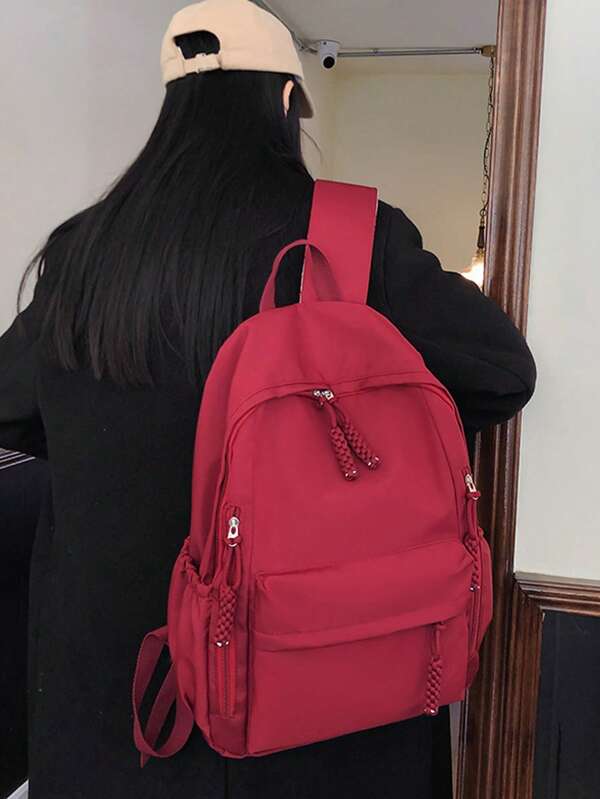 Simple Backpack For Women, High School & College Students, Fashion Campus Large Capacity Solid Color Bookbag