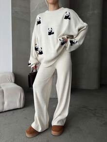 Women Casual Heart Pattern Round Neck Long Sleeve Pullover Top And Long Pants Set, Embroidery Design - White - View 10