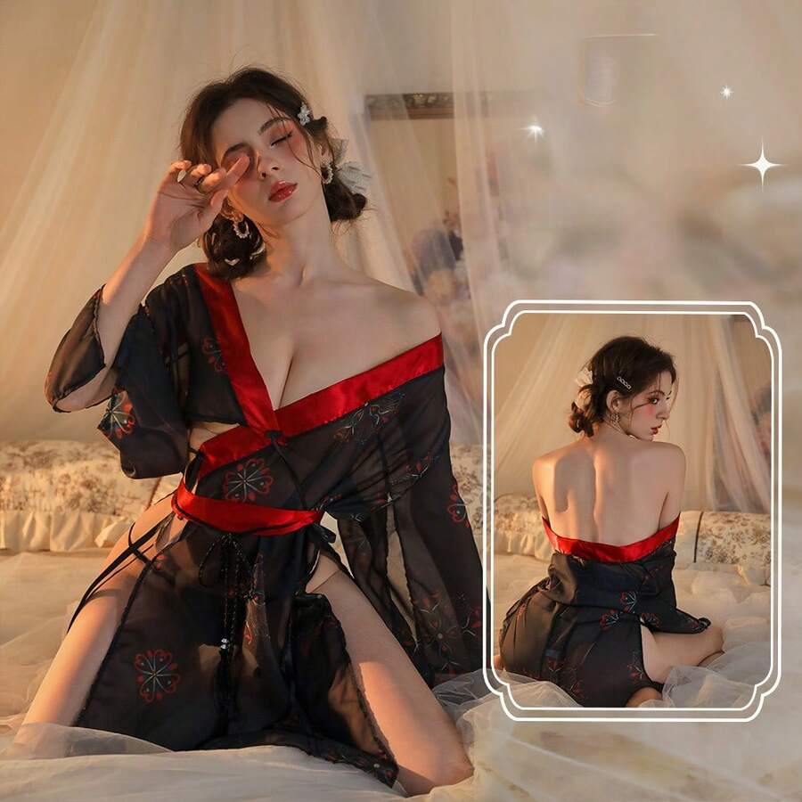 Black Japanese Style Kimono Outfit Sexy Lingerie Uniform Pure Desire No-Take-Off Pajamas Print - 黑色 - 查看 1