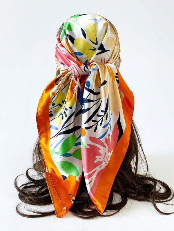 1 pièce Boho 90cm Foulard carré imprimé floral pour femmes, foulard tête et cou décontracté anti-UV, convient pour envelopper la poitrine la nuit, dormir et porter au quotidien, peut être porté comme foulard carré, bandana, serre-tête ou haut bandana
