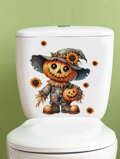1 件万圣节堆叠南瓜 PVC 自粘马桶贴纸 - 11.81 * 11.81 英寸，万圣节卡通艺术可爱帅气南瓜稻草人图案贴花，带向日葵细节，适用于浴室、卧室、家居装饰、墙壁（无残留，易于粘贴），夏季万圣节装饰，艺术气息，色彩鲜艳