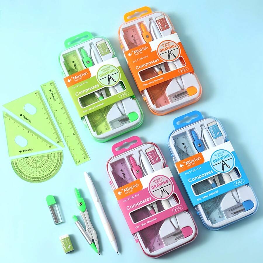 1PC Set Of Compasses - Eight-Piece Math Drawing Compass Kit, A Set Of Geometric Tools, Suitable For Students. It Includes A Compass, Ruler, Protractor, Etc. It Is Suitable For Use In Schools And For Exam Preparation. Comes With A Random Assortment. Back-To-School Season,School Supplies,Back To School - Multicolor - View 1