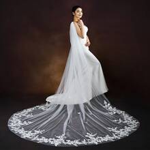 1 Peça Xale de Noiva com Renda Premium e Rede, Capa Longa de Noiva para Casamento, Acessório de Fotografia