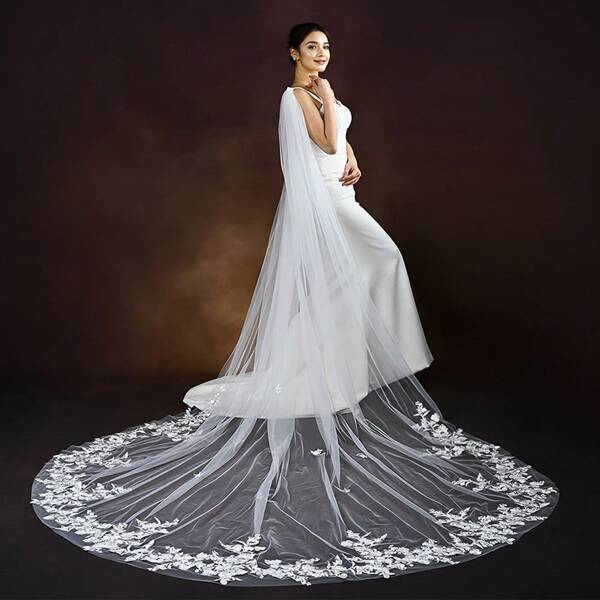 1pc Premium Lace Trim Net Bride Shawl, Long Bridal Cape Cloak For Wedding, Photo Shooting Accessory