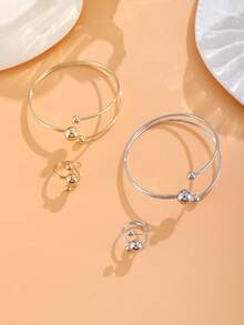 2pcs Bohemian Style Bracelet & Ring Set - Vintage Minimalist Round Bead Open Design Layered Bangle And Ring, Elegant Accessories For Beach Party, Holiday Gift - Multicolor - View 6