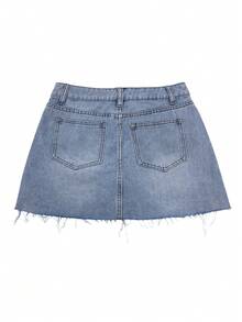 Y2K复古毛边牛仔迷你裙，女士高腰修身A字心形包臀裙，夏季设计，女士夏季连衣裙，夏季连衣裙，女士夏季服装，牛仔裙，休闲装 - 淺色水洗藍 - 查看 6