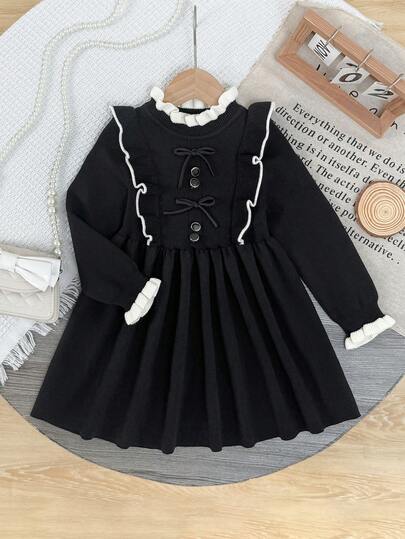 1pc European Style Fashion Lace Trim Round Neck Brown & Black Button Front Knitted Dress For Baby Girls, Solid Color With Ruffle Hem Sweater Dress