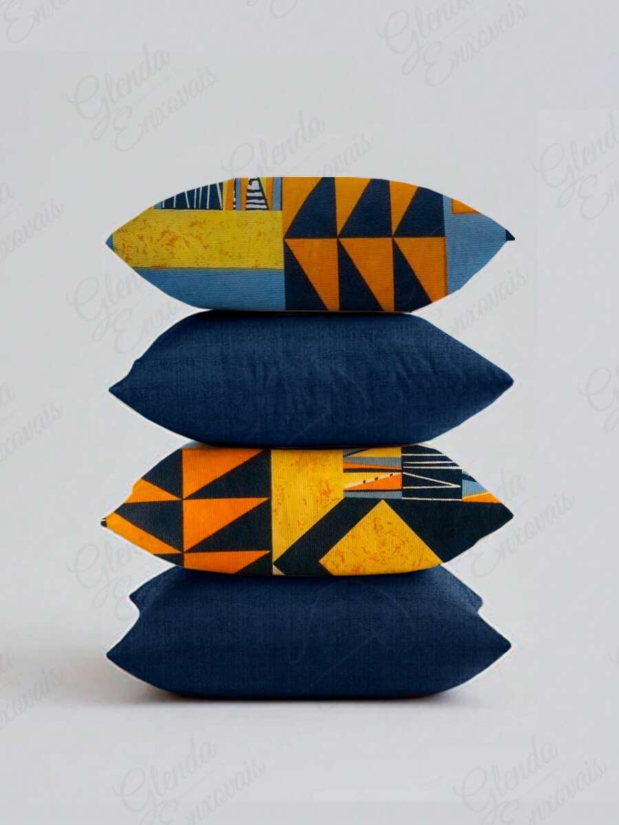 (4 Units) 45x45 Pillow Covers – 2 Plain And 2 Printed – Assorted Colors – AL - Orange-blue Geometric - View 1