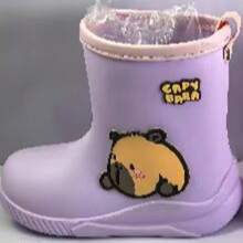 Nuevas botas de lluvia para niños con diseño de capibara de dibujos animados, botas de lluvia de tubo medio para estudiantes de primaria, jardín de infantes, impermeables y antideslizantes - Púrpura malva - Ver 1