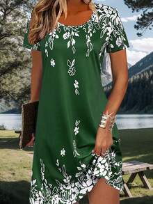 新款时尚轻盈优雅女士休闲度假风格修身连衣裙，适合外出、居家、旅行和办公室，圆领短袖复古百搭夏季度假连衣裙 - 綠色 - 查看 2