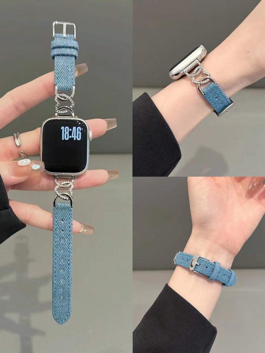 1 Pc Diamond Bling Metal Becorative Fancy Stylish Leather Loop Compatible With Apple Watch Band For Women Halloween Black Charms Blue Silver Gold Sport 38mm 40mm 41mm 42mm 44mm 45mm 46mm 49mm , Strap Compatible With Apple Watch Watchband Series Ultra 10/9/8/7/6/5/4/3/2/1 SE - Blue - View 1