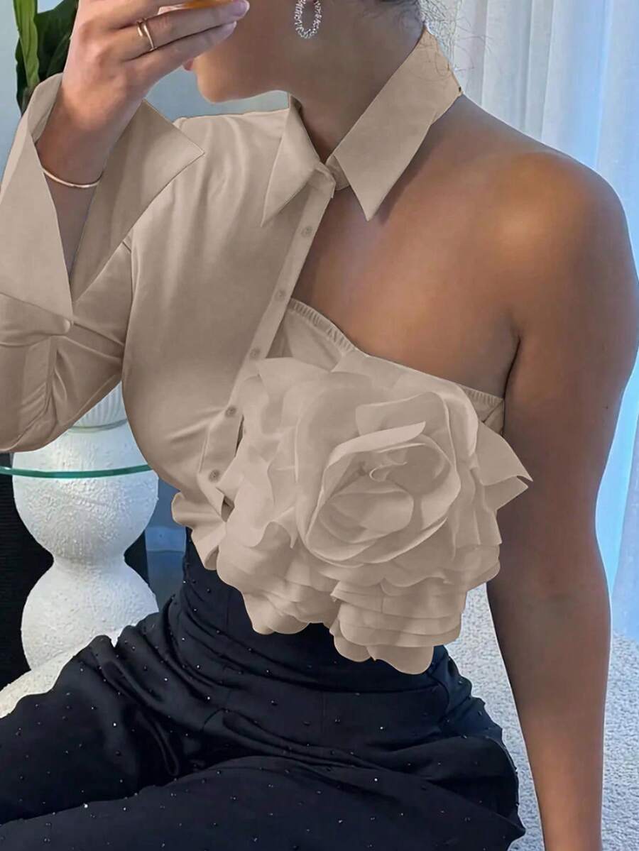 Women's Solid Color Ruffled Elegant Design Blouse Summer - Khaki - View 1