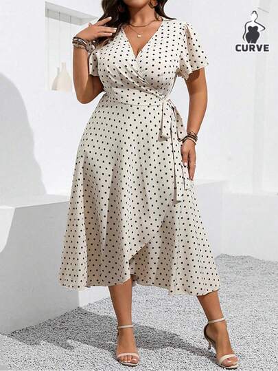 Vestidos de Tallas Grandes para Mujer, Vestidos Largos Elegantes Curvy, Vestidos con Cuello de Pico Estampado de Lunares, Vestidos Ligero de Dama con Cordón, Tejido Fresco Y Transpirable, Vestidos Elegantes Y Modernos para Las Vacaciones de Verano, Las Fiestas con Estilo Y El Uso Diario Informal