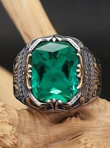 1 Vintage Green Synthetic Zirconia Ring For Men - Intricate Dragon And Flower Design, Alloy Metal Jewelry For Parties And Formal Events, Unique Gift For Him