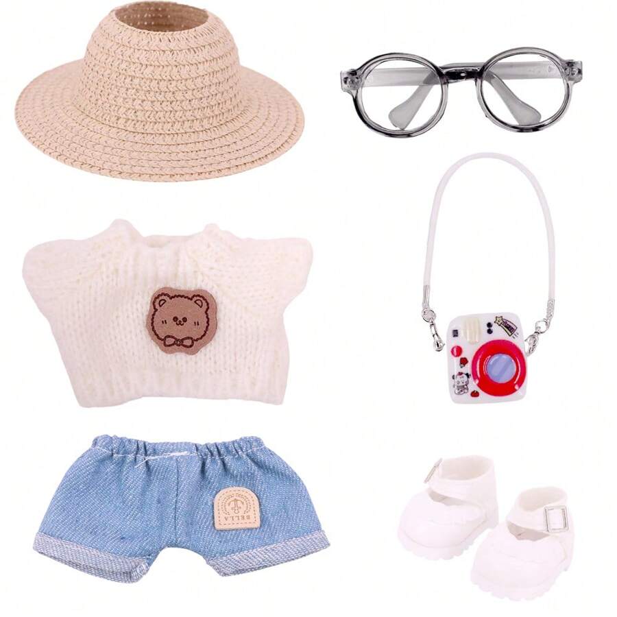 (Solo ropa) Nuevas existencias Ropa para muñeca La Bubu sentada de 17 cm, suéter, jeans, sombrero, gafas, dije de teléfono, zapatos, combinación de atuendo para muñeca La Bubu de 1ra/2da/3ra generación