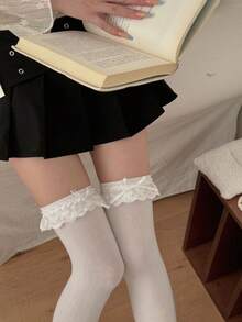 1 Đôi tất cao đến đùi viền ren cho nữ, tất dài phong cách Lolita, tất ngắn dễ thương để mặc hàng ngày, mùa thu - Nhiều màu - Xem 12
