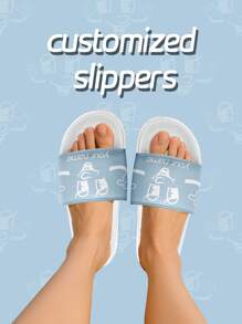 [Customizable Name] Men's Smiling Face Pattern Personalized Slippers, Summer Couples Indoor Anti-Slip Beach Sandals, Customized Slides For Men