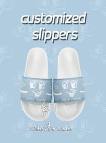 [Customizable Name] Men's Smiling Face Pattern Personalized Slippers, Summer Couples Indoor Anti-Slip Beach Sandals, Customized Slides For Men