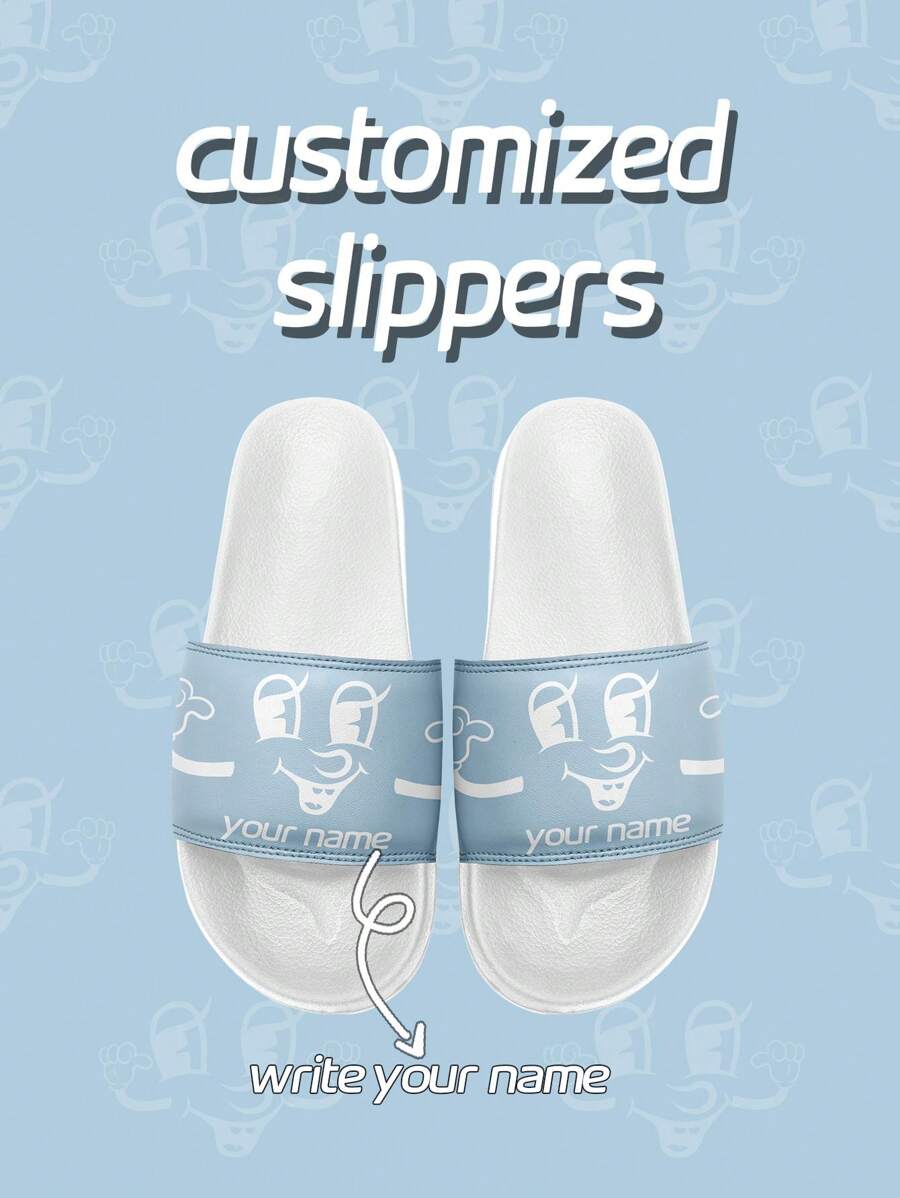 [Customizable Name] Men's Smiling Face Pattern Personalized Slippers, Summer Couples Indoor Anti-Slip Beach Sandals, Customized Slides For Men