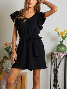 Womens Casual Summer Romper Chic Ruffle Sleeve V Neck Playsuit Black Loose Fit Short Length Elastic Waist Tie Belt Breathable Lightweight All Day Comfort Beach Party Dating Wear - 黑色 - 查看 1