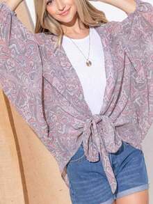 Womens Casual Cover Up Boho Chic Paisley Print Bell Sleeve Kimono Cardigan Front Tie Wrap Light Gray Pink Pattern Open Front Beach Resort Wear Summer Spring Vacation Beachwear Loose Fit - 多 - 查看 5