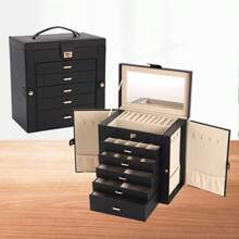 Caja de joyería de gran capacidad y multicapa de PU, organizador de tocador multifuncional, adecuado para collares, aretes, anillos, pulseras, relojes, lápices labiales, almacenamiento de cosméticos diarios, bolsa de viaje para joyas, esenciales de viaje, accesorios de viaje, bolsa de viaje, vacaciones, regreso a la escuela, cosas de la escuela, caja de joyas, organizador de joyas