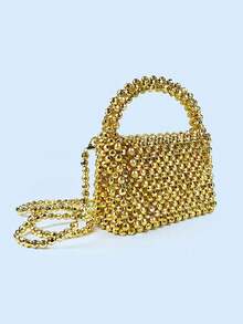New Mini Black Spikes Beaded Handbag, Tote And Shoulder Bag - Gold - View 4