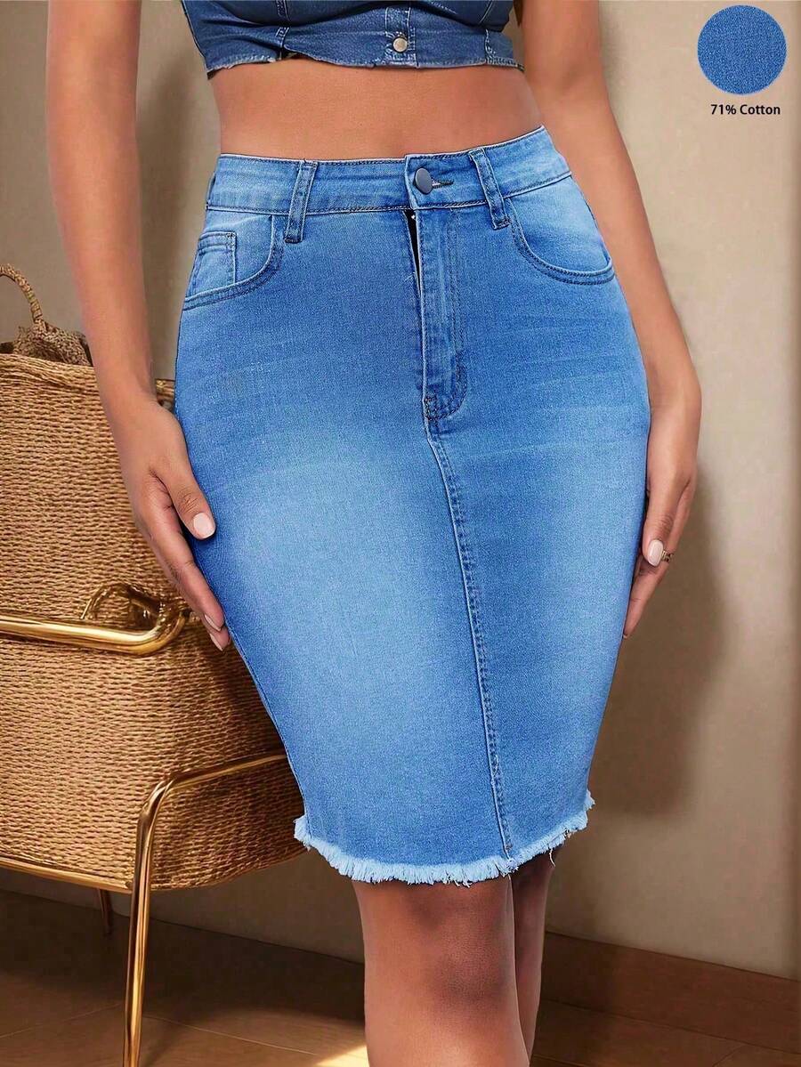 Women's Casual Raw Hem Fitted Denim Skirt, Stretch Elegant Sexy Knee Length Jean Skirt For All Seasons - Medium Wash - View 1