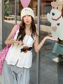 法式软系带无袖白色上衣 - 白色 - 查看 4