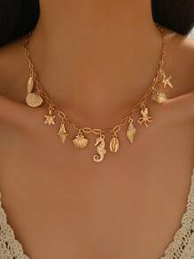 1pc Creative Ocean Theme Beach Vacation Style Sea Star & Sea Shell Pendant Necklace, Versatile Daily Wear