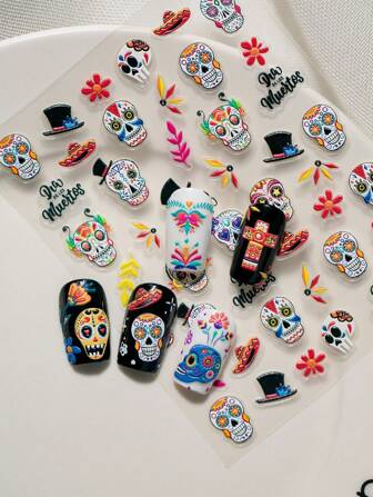 A New Dark Halloween Nail Art Sticker With Relief Abstract Artistic Skull, Fancy Textures, Etc., Suitable For Personal DIY And Nail Salon Use