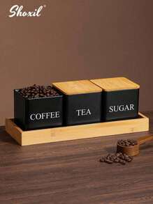shoxil 3个带竹盖的密封咖啡储物罐 - 方形金属展示罐，适用于咖啡豆、茶叶、零食和干货，厨房橱柜收纳（3件套）